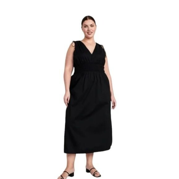 Old Navy Fit & Flare Sleeveless Tie-Shoulder Smocked Maxi Dress Size L New Black - Picture 4 of 13